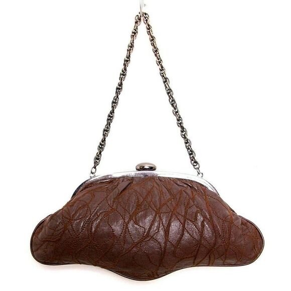 INGE PATCHWORK BROWN GENUINE LEATHER FRAME CHAIN HANDBAG SHOULDER BAG CLUTCH - Picture 1 of 10